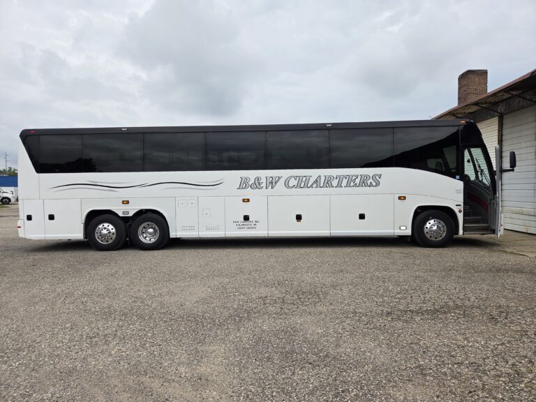 Side view of B&W Charters coach bus