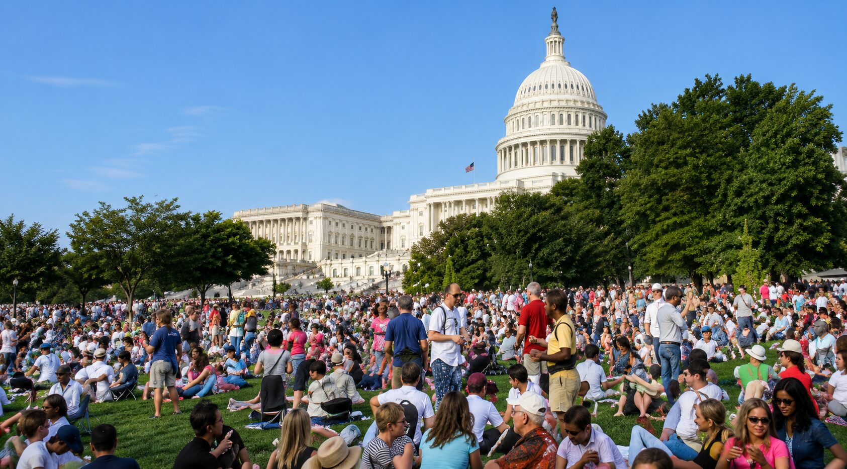 Crowd at United States Capitol lawn, sunny day