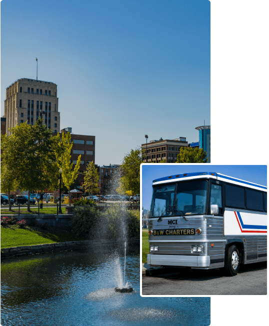 City park with fountain and inset charter bus