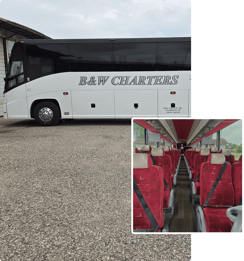White charter bus exterior with red interior